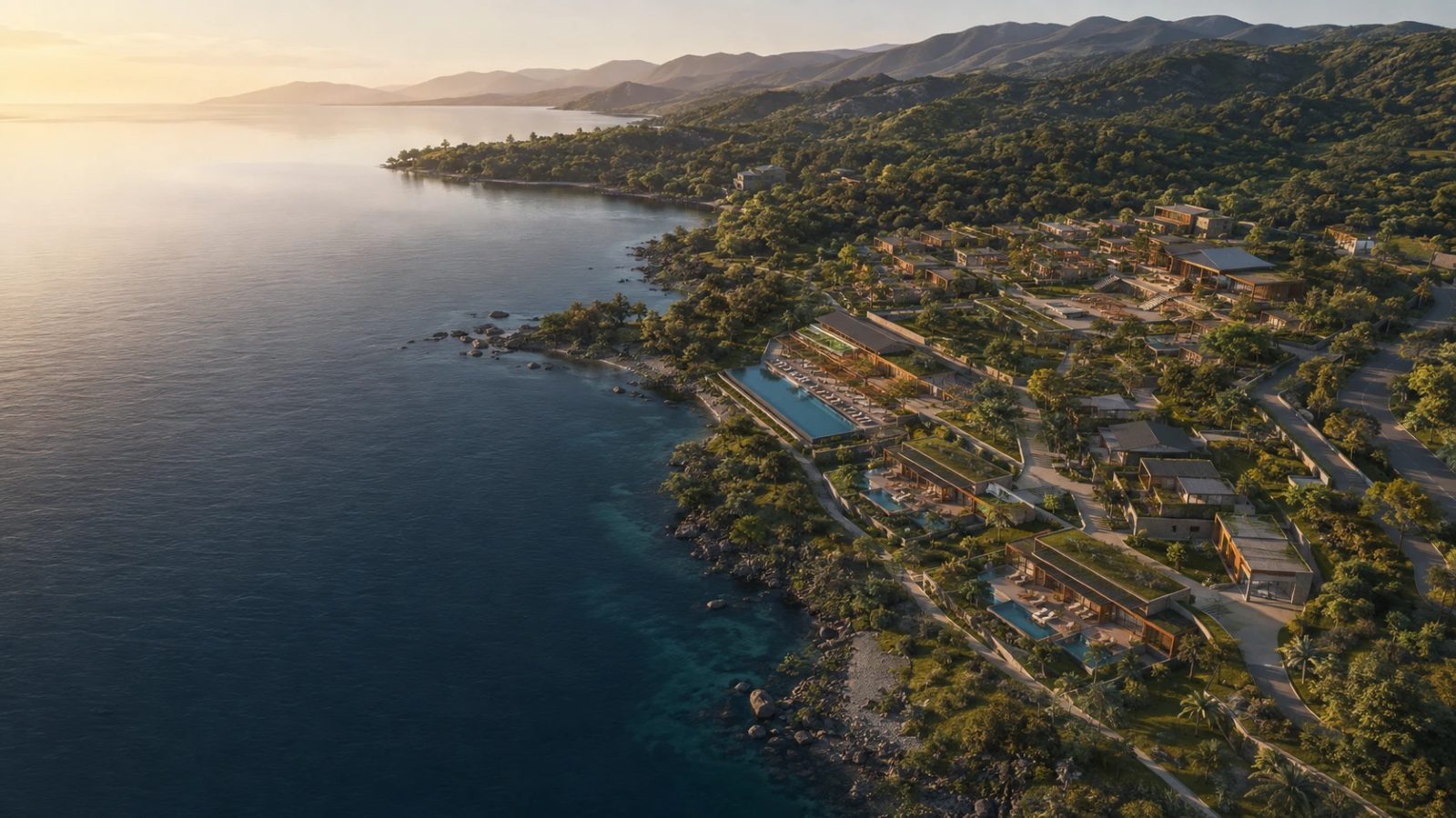 AI-generated concept rendering of a lakeside destination at Nkhata Bay: an aerial view of a resort with a hotel, villas and a pool terrace above Lake Malawi at sunrise