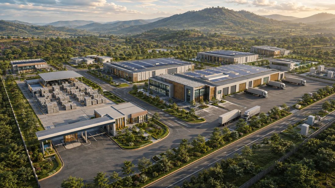 AI-generated concept rendering of a proposed production and logistics campus, showing warehouse buildings with solar roofing, a materials yard, and transport trucks in a landscaped setting